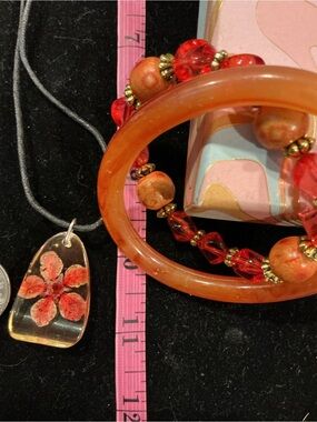 Handmade Orange and Red resin pendant necklace & 2 Bracelet Set